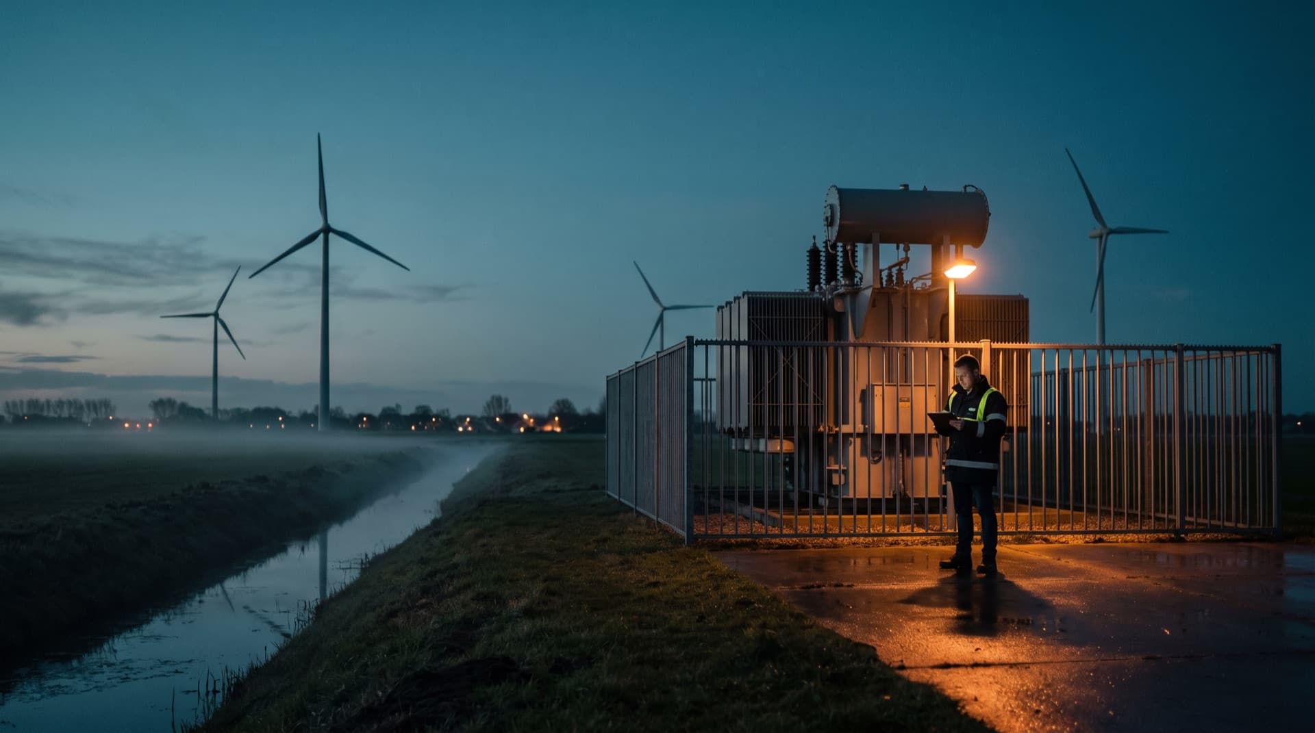 Windturbines en een onderstation in de polder bij schemering, engineer met tablet bij een transformator.