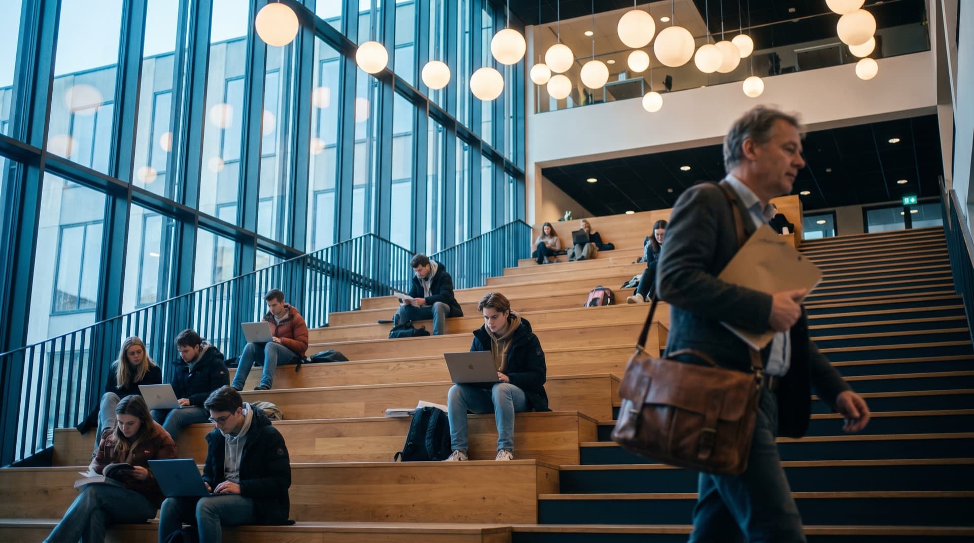 Lichte atriumtrap van een universiteitsgebouw met studenten achter laptops in het ochtendlicht.