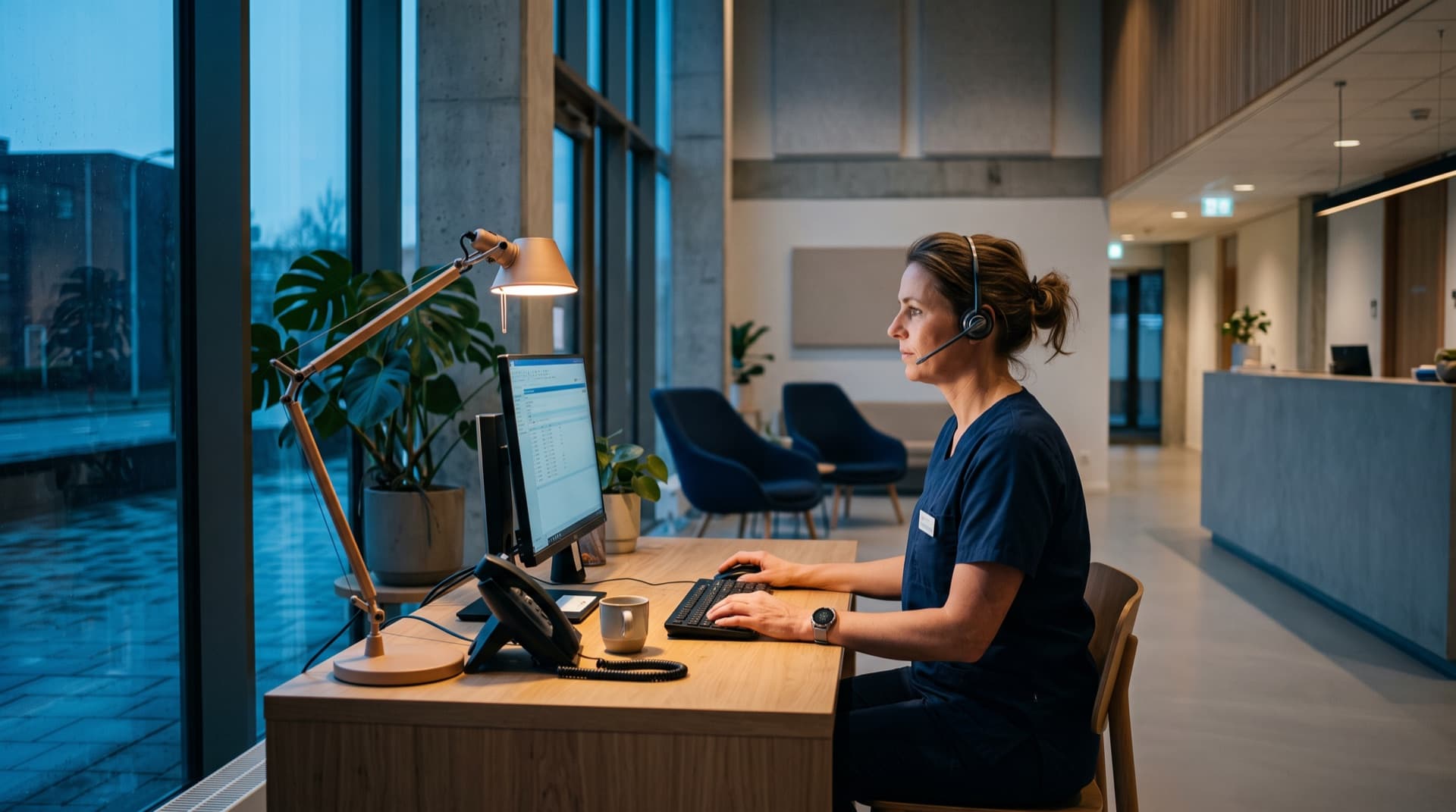 Rustige ontvangstbalie van een gezondheidscentrum in het ochtendlicht, verpleegkundige met headset.